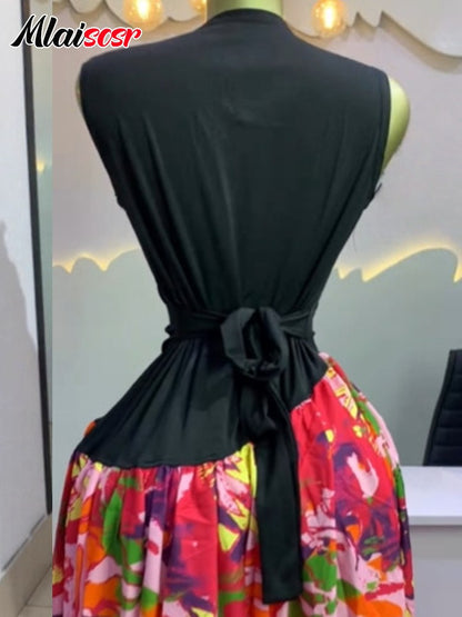 Mlaiscsr Elegant Printed Black Patchwork Maxi Dress O-Neck Sleeveless Bodycon A-Line for Women Birthday Evening Wedding Robe