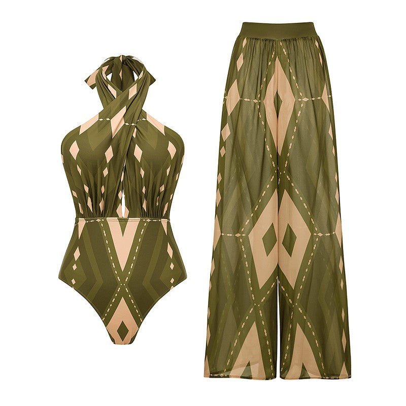 Women Bikini Push Up Swimsuit Halter Neck Geometric Pattern Print One Piece Swimsuit Backless Summer Swimwear Bathing Suit