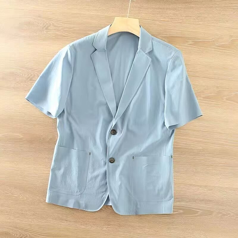 Summer lightweight slim fit ice silk mini suit men's mid sleeve thin style single west short sleeved casual suit jacket MH106