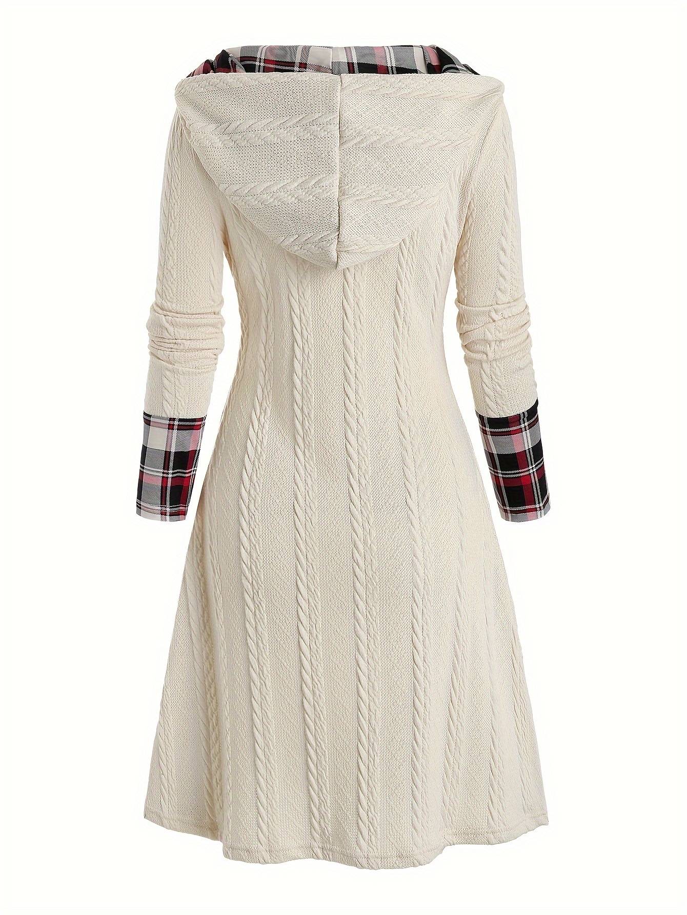 Knitted hooded dress plaid print stitching fake buckle high waist long sleeve A-line dress female