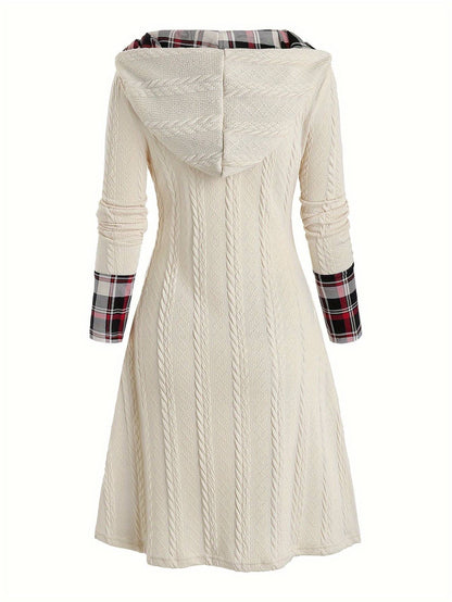 Knitted hooded dress plaid print stitching fake buckle high waist long sleeve A-line dress female