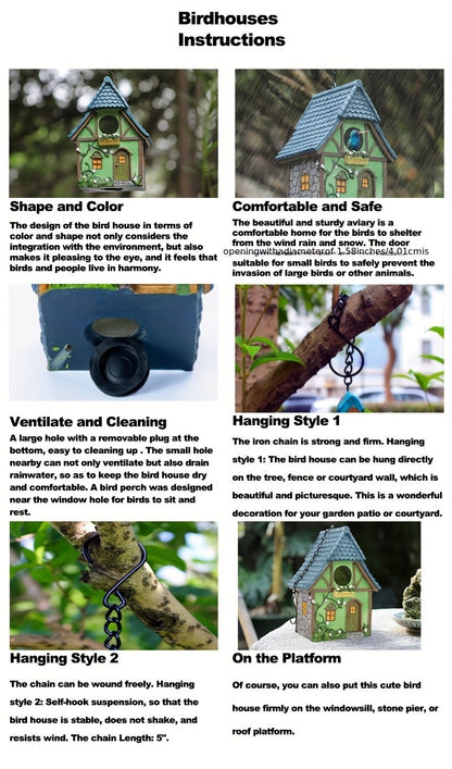 Casa de Pássaro Rústica para Jardim, Resina ABS Durável com Telhado de Madeira. Ideal para Observação de Pássaros e Decoração Externa. Não Precisa de Bateria.