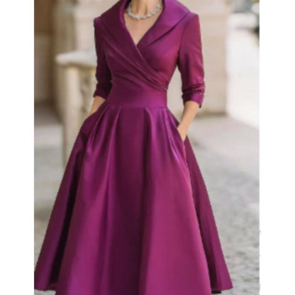 Elegant Wedding Guest Dress Women Turndown Collar Mid-Length Waisted A-Line Satin Evening Dress Cocktail Party Midi Dresses