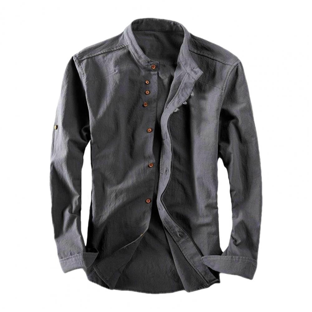 Japan Style Men Cotton Linen Shirt Long Sleeve Slim Fit Single-breasted Cardigan Shirt Harajuku Stand Collar Men Casual Shirts