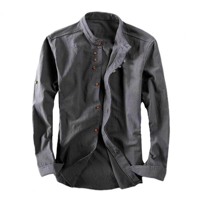Japan Style Men Cotton Linen Shirt Long Sleeve Slim Fit Single-breasted Cardigan Shirt Harajuku Stand Collar Men Casual Shirts