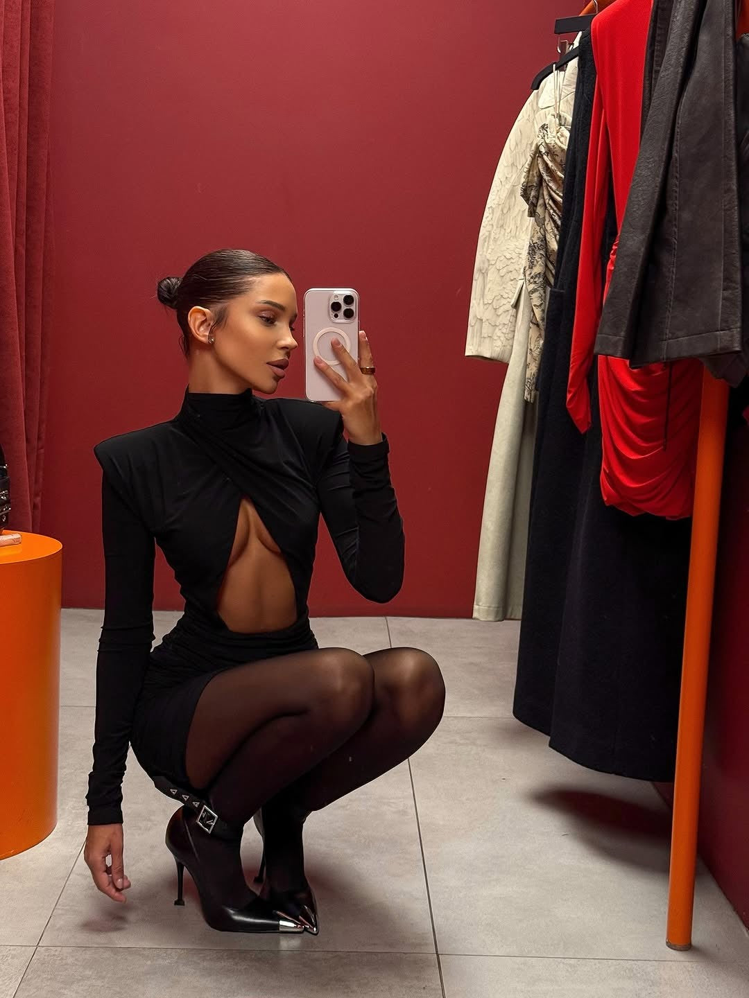 Sexy Hollow-out Pleated Mini Dress Women Fashion Solid Half High Collar Long Sleeve Slim Dresses 2025 Lady Party Club Robes