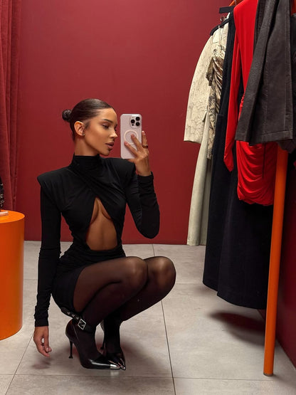 Sexy Hollow-out Pleated Mini Dress Women Fashion Solid Half High Collar Long Sleeve Slim Dresses 2025 Lady Party Club Robes