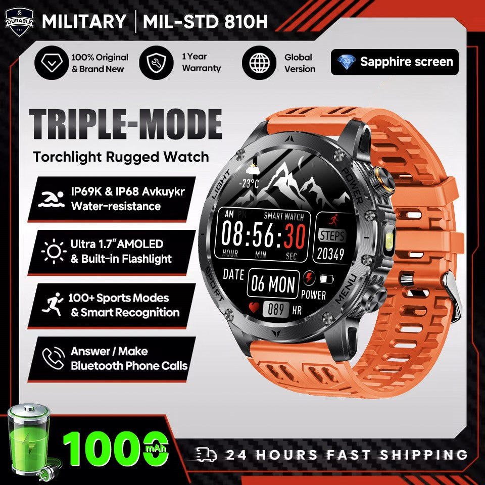 New Outdoor Sports Smart Watch 1.7" HD AMOLDE Screen 1000mAh Battery LED Flashlight IP68 Waterproof BT Call Military Smartwatch