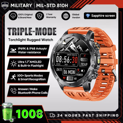 New Outdoor Sports Smart Watch 1.7" HD AMOLDE Screen 1000mAh Battery LED Flashlight IP68 Waterproof BT Call Military Smartwatch