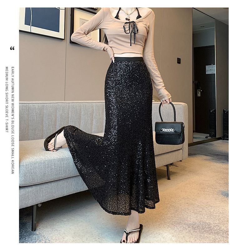Elegant Sequined Long Black Skirts Women High Waist Party Club Faldas Largas Korean Fashion Y2k Clothes A Line Mid Length Skirt
