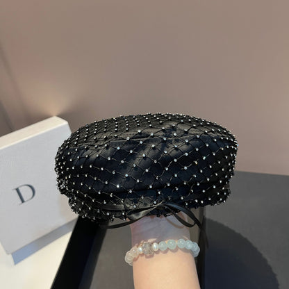 Chapéu Elegante com Strass em Malha Preto Versão Coreana de Alta Qualidade Moda Leve Luxo Estilo Pequeno e Perfumado Chapéu de Aba Reta Bico de Pato