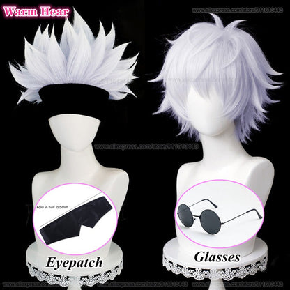 Gojo Satoru Synthetic Wig Anime COS Short Silver Purple Hair Eye Patch Cosplay Wig Heat Resistant Hair Halloween Wigs + Wig Cap