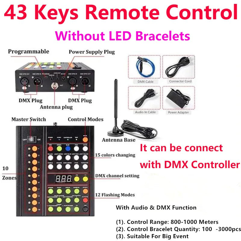 43Keys 1000 Meters 10 Area 15 RGB Remote Controller DMX Function LED Bracelets 100/2000PCS Wristband Wedding Party