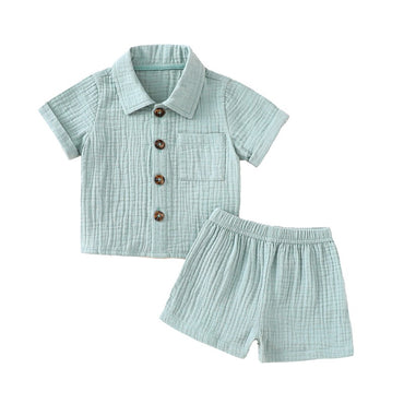 Cotton Linen Casual Toddler Baby Boys Summer Outfits Solid Short Sleeve Pocket Button Down Lapel Shirt + Shorts 2PCS Clothes Set