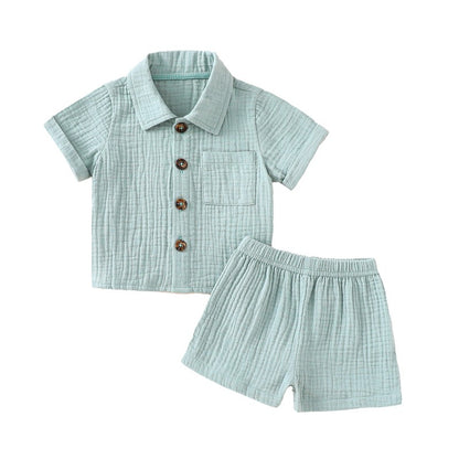 Cotton Linen Casual Toddler Baby Boys Summer Outfits Solid Short Sleeve Pocket Button Down Lapel Shirt + Shorts 2PCS Clothes Set