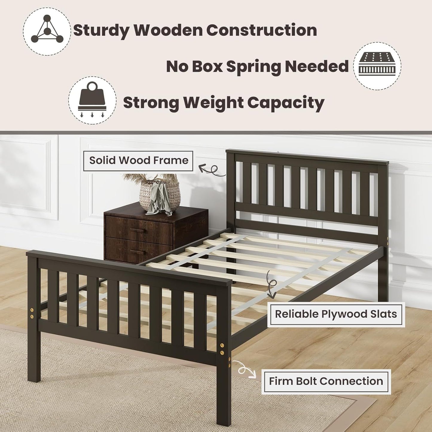Wood Twin Bed Frames with Headboard, Mid Century Platform Bed with Wooden Slats Support, 12" Under-Bed Storage Space, No