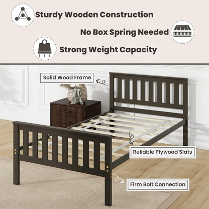 Wood Twin Bed Frames with Headboard, Mid Century Platform Bed with Wooden Slats Support, 12" Under-Bed Storage Space, No