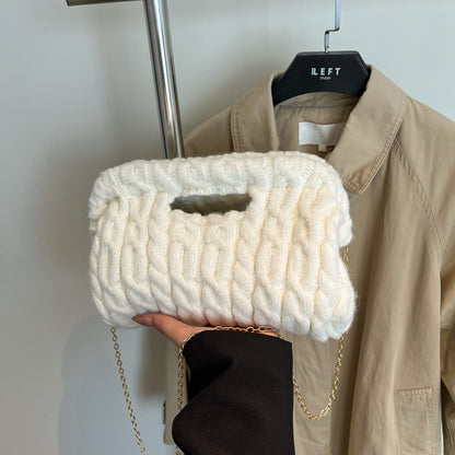 Women Knitting Chain Shoulder Bags Trend Crochet Clutch Purse Plush Cloud Handbags Autumn Winter Travel Daily Crossbody Bags