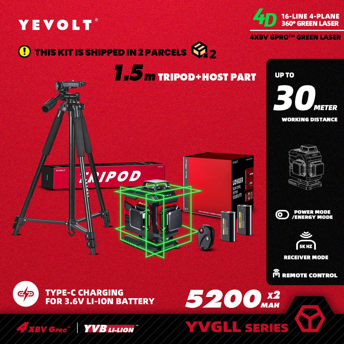 Nível a Laser Verde YEVOLT YVGLL4XS16 Series 4 Planos 16 Linhas Autonivelante 360 3D Ferramentas de Medição de Potência Horizontal e Vertical