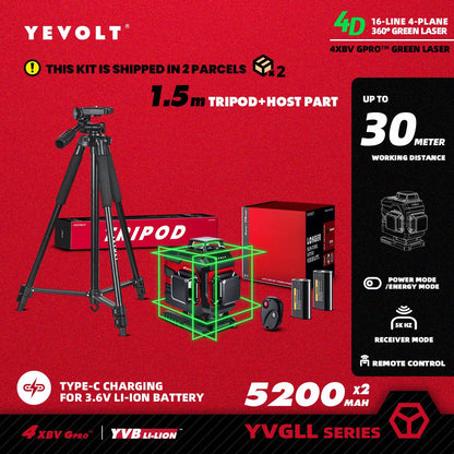 Nível a Laser Verde YEVOLT YVGLL4XS16 Series 4 Planos 16 Linhas Autonivelante 360 3D Ferramentas de Medição de Potência Horizontal e Vertical