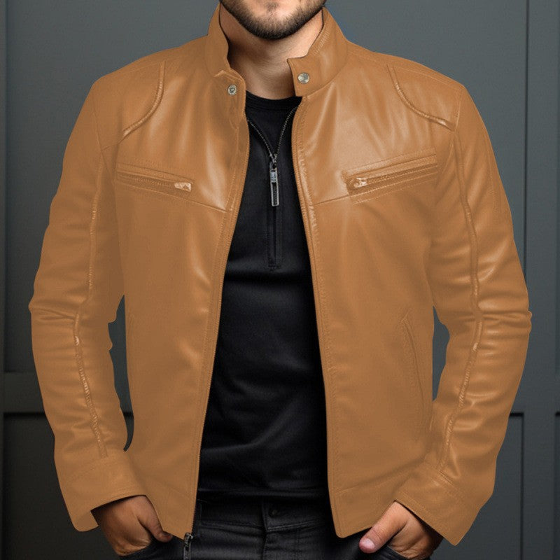 New Men's Business Leather Jacket for Autumn and Winter, Fashionable Stand Up Collar Casual Leather Jacket for Men