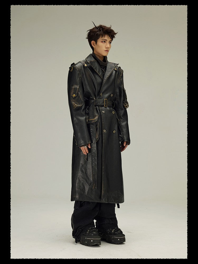 Mauroicardi Spring Autumn Long  Distressed Black Pu Leather Trench Coat Men Belt Double Breasted Luxury European Fashion 2023