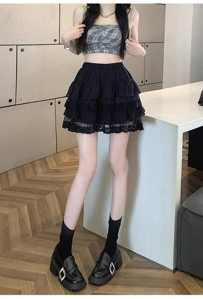 JOEVILU White Tutu Skirt A-line Elastic High Waist Mini Skirts Short Lace Cake Skirt Thin Summer Korean Fashion Goth Y2k Clothes