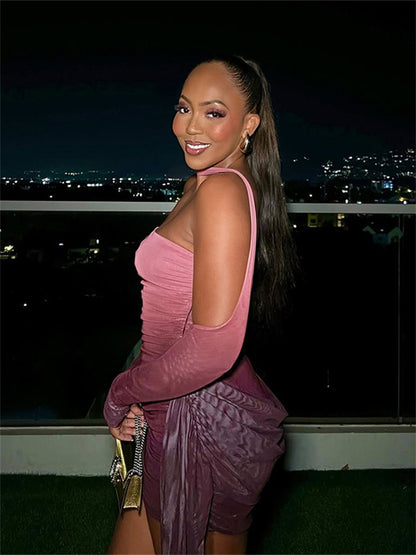 Nibber Summer Vacation Sexy See Through Dress+Shawl Women Ruched Side Ribbon Coquette Skinny Midnight Clubwear Party Bodycon