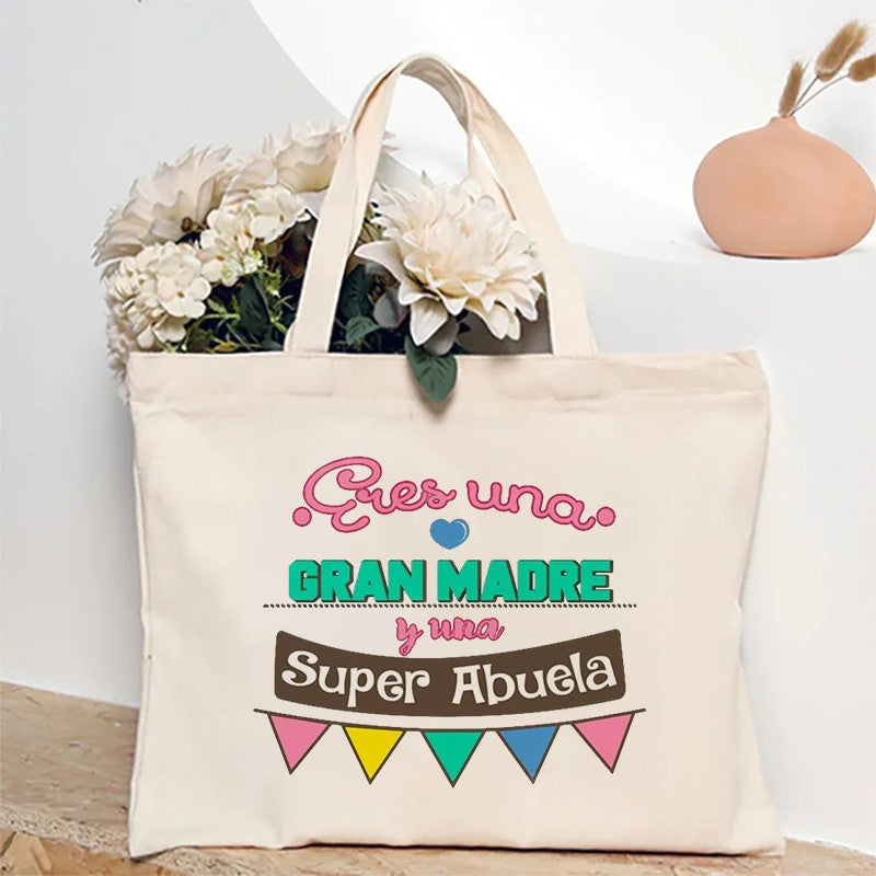 Spanish Abuela Quote Tote Bag Vibrant Shoulder Handbag with Heart Ribbon Design Perfect for Mother’s Day & Grandma Appreciation