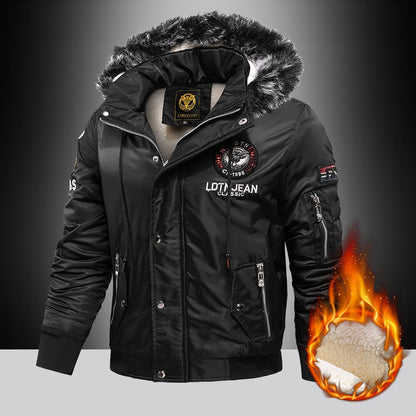 Men's Winter Warm, Hooded Jacket with Raw Edge, Lined Aviator Jacket, Embroidered Badge Design, Windproof and Waterproof Jacket