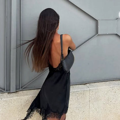 HXAO Female Lace Dress Sleeveless Slip Short Dresses Women Summer Asymmetric Elegant Night Dresses Backless Sexy Evening Dress