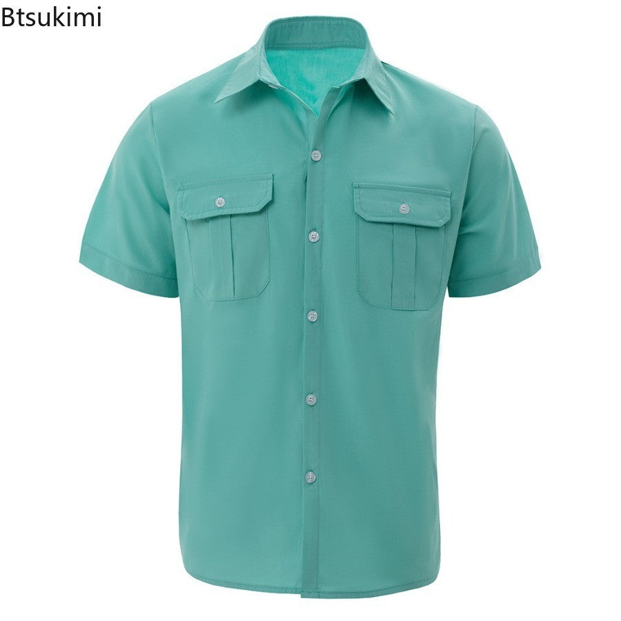 New 2025 Men's Summer Short Sleeve Solid Safari Shirt Loose Casual Cargo Shirt Double Pocket Lapel Button-up Men Work Shirt Tops
