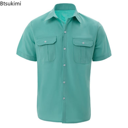 New 2025 Men's Summer Short Sleeve Solid Safari Shirt Loose Casual Cargo Shirt Double Pocket Lapel Button-up Men Work Shirt Tops