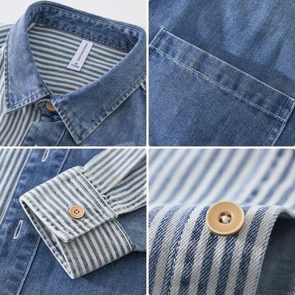 New Men's Denim Shirts Spring Streetwear Long Sleeve Jean Tops Slim Stripe Patchwork Design Cowboy Shirt Youth Fashion Overshirt
