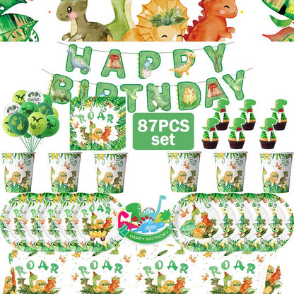 Happy Dinosaur Birthday Decoration Party Supplies Set Cup Plate Dinosaur Balloons Stickers Banner Gift Bags for Kids Boy Favors