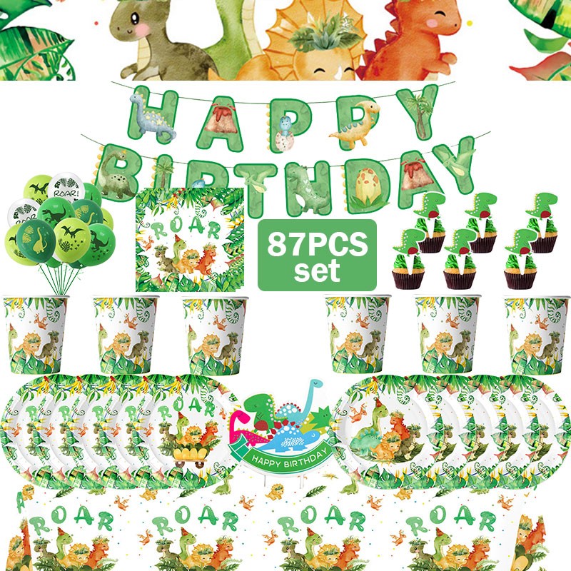 Happy Dinosaur Birthday Decoration Party Supplies Set Cup Plate Dinosaur Balloons Stickers Banner Gift Bags for Kids Boy Favors