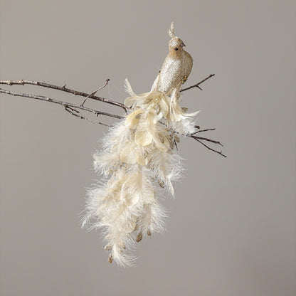 Long Tail Christmas Peacock Ornaments Realistic Glimmering Feather Peacock Bird Figurine Handmade with Clip Christmas Tree Decor