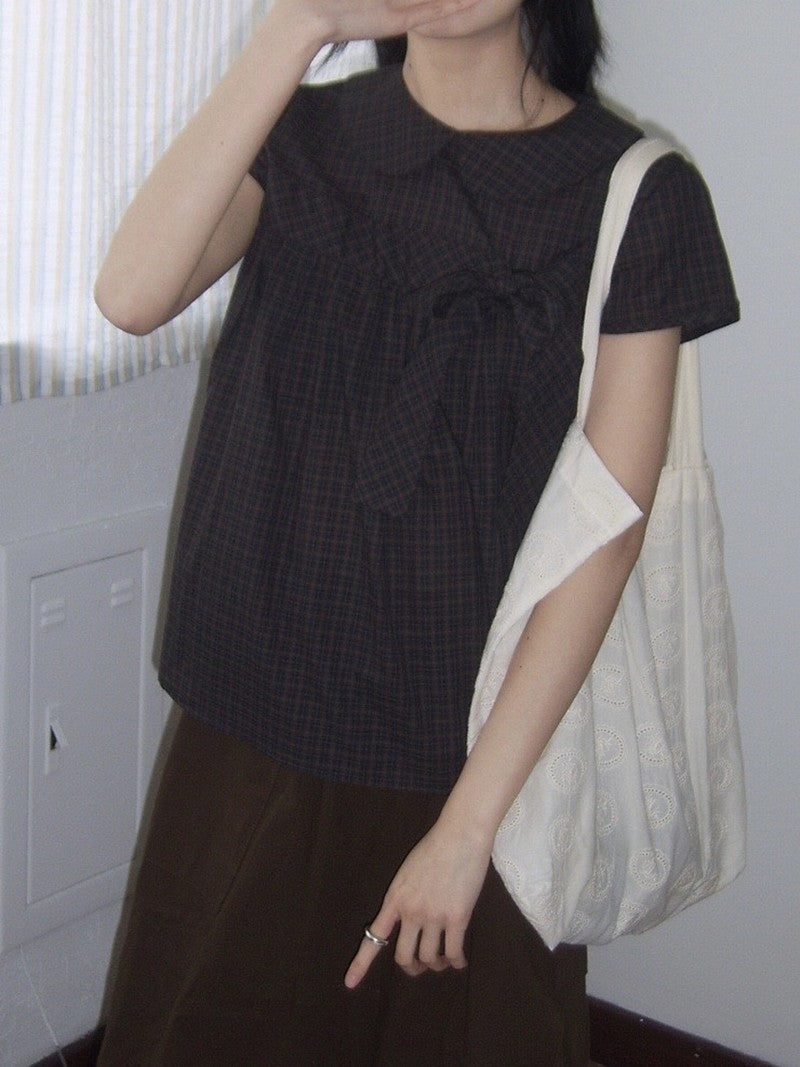 Vintage Plaid Shirts Women Japanese Harajuku Bow Peter Pan Collar Blouses Summer Korean Aesthetic Short Sleeve Casual Tops New