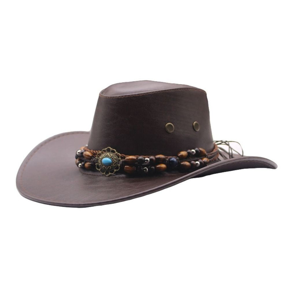 Simple PU Leather Western Cowboy Hat Big Brim Drawstring Sunscrean Bucket Cap Outdoor Travel Hat Hiking Hat Fisherman Hat Travel