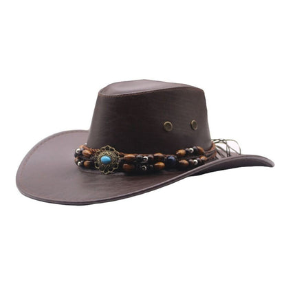 Simple PU Leather Western Cowboy Hat Big Brim Drawstring Sunscrean Bucket Cap Outdoor Travel Hat Hiking Hat Fisherman Hat Travel