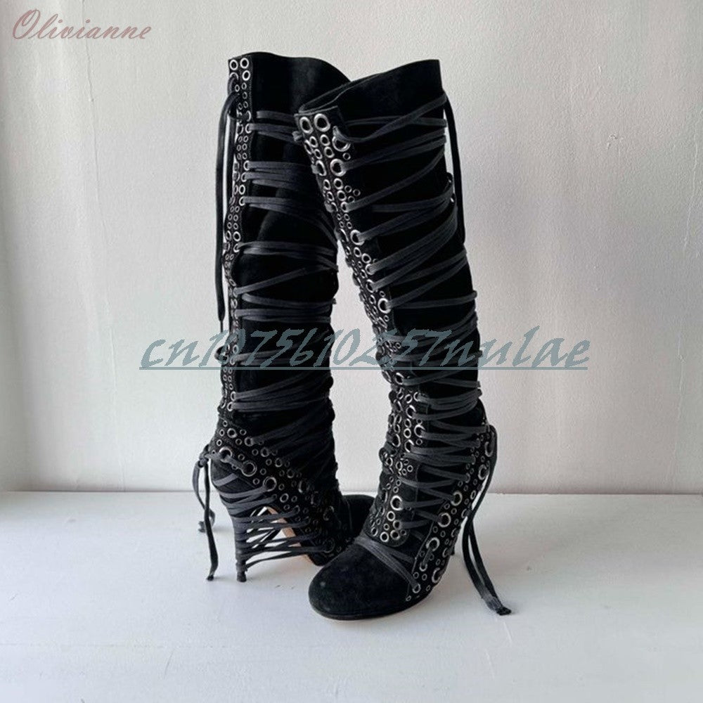 Sexy Hollow Round Rivets Strappy Mid Calf Boots Round Toe Many BFashion Sexy Strappy Women Shoes 2025 Spring Zapatos Para Mujere
