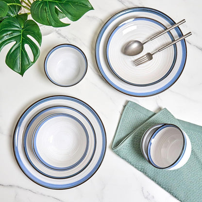 Siterra Santorini Conjunto de Louça de Grés de 16 Peças - Serviço para 4 Pessoas, Pratos e Tigelas, Branco Rústico com Esmalte Azul Reativo