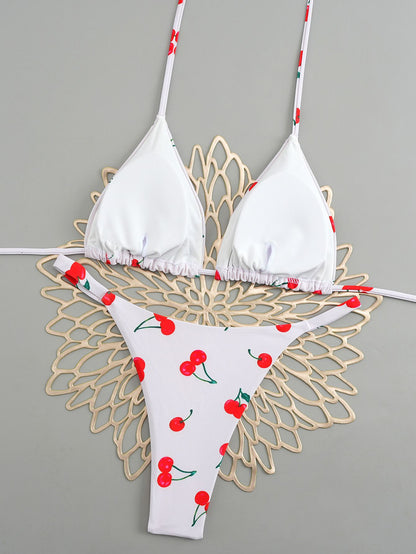 Sexy Cherry Print Triangle Brazilian Bikini Push Up Swimsuit 2 Piece String Bandage Bikinis Swimwear Women Thong Bathing Suit