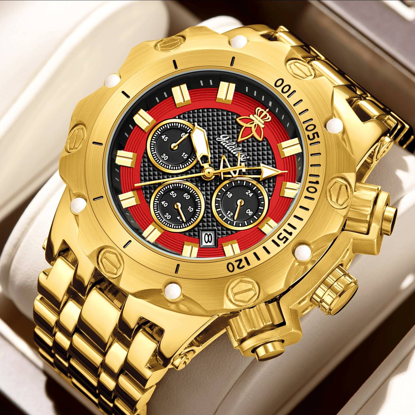 YaLaLuSi Men's Multifunctional Luxury Watch, Gold Strap with Atmospheric Dial, Fashionable and Practical Gift box