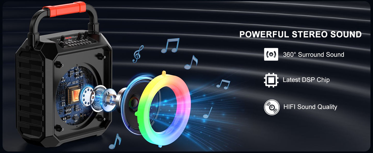 Karaoke Machine with 2 Wireless Microphones, Portable Speaker with LED Lights for Kids and Adults, Supports Bluetooth/USB/TF/AUX