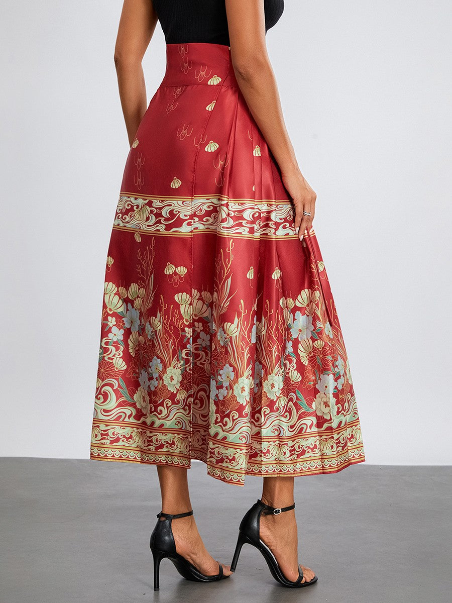 Women s Horse Face Skirt Elegant Phoenix Character Flower Print Pleated Tie Up A-Line Long Swing Skirt National Clothing
