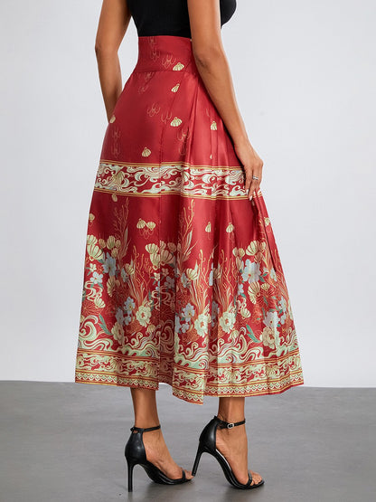 Women s Horse Face Skirt Elegant Phoenix Character Flower Print Pleated Tie Up A-Line Long Swing Skirt National Clothing