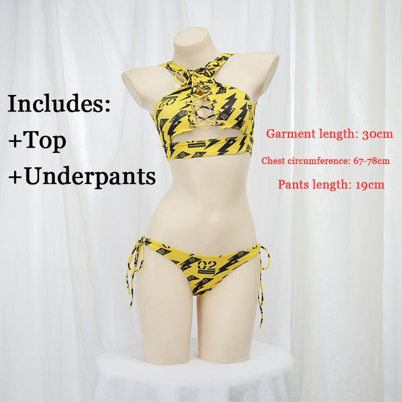 Anime Beach Girl Red Lip And Yellow Danger Warning Line Uniform Printing Bikini Swimsuit Underwear Women Outfits Cosplay Costume