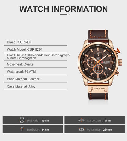 CURREN Brand Watch Men Leather Sports Watches Men's Army Military Quartz Wristwatch Chronograph Male Clock Relogio Masculino