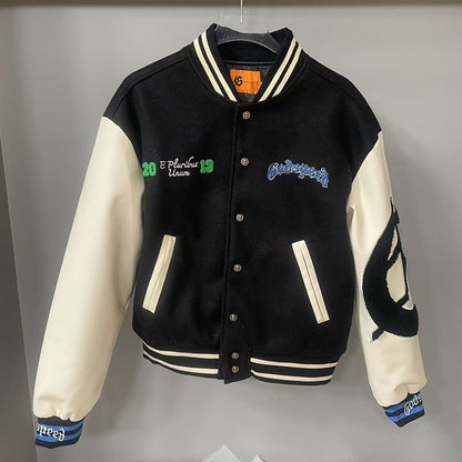 Real Photo GOD SPEED Baseball Jacket American Vintage Patchwork Leather Sleeves Unisex Embroidery Skeleton Jacket Coats